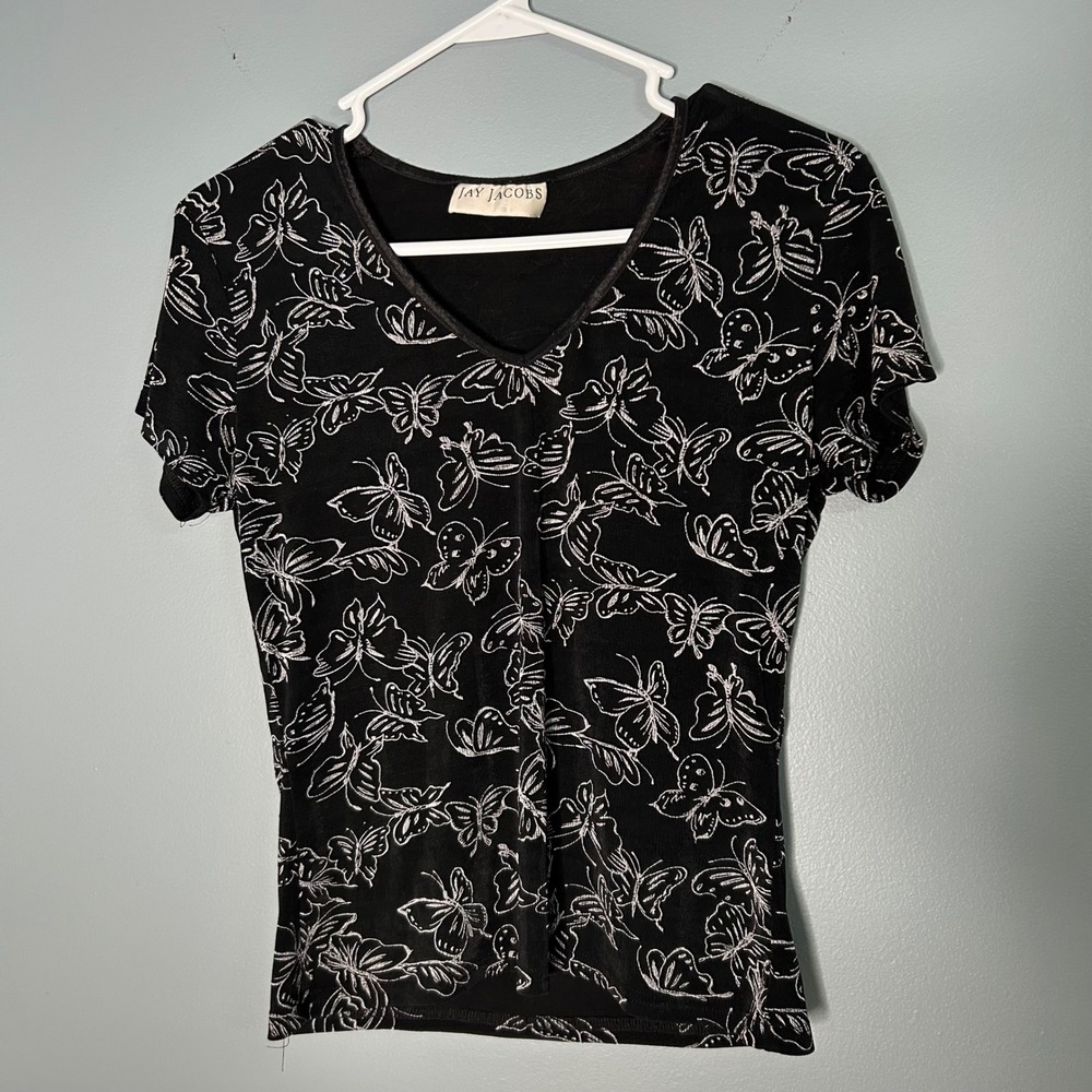 Vintage Jay Jacobs Vintage Black Butterfly Print V-Neck Short Sleeve Top unique